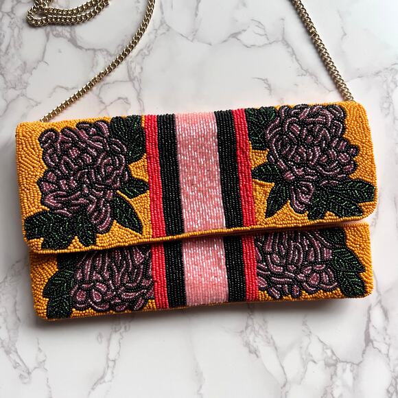 Beaded Floral Crossbody Clutch Bag – Pink Yellow Boho Embellished Purse - Picture 3 of 7